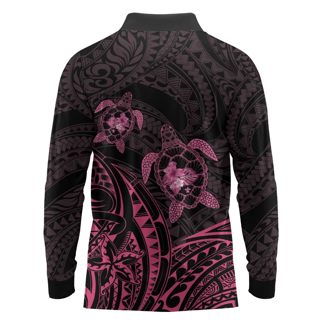 Pink Black Polynesia Floral Sea Turtle Long Sleeve Polo Shirt - Polynesian Pride