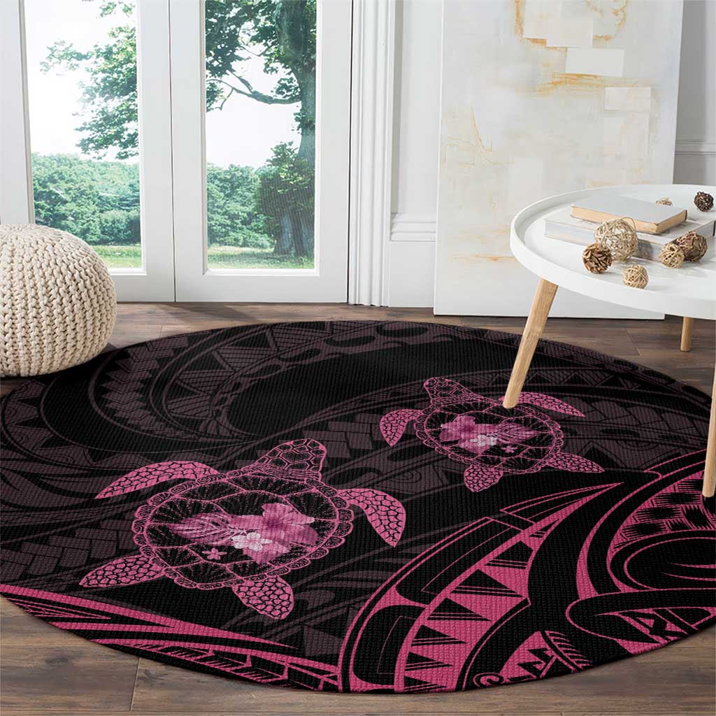 Pink Black Polynesia Floral Sea Turtle Round Carpet - Polynesian Pride