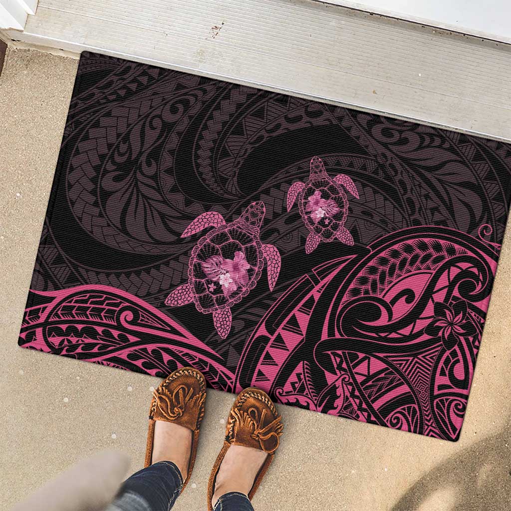 Pink Black Polynesia Floral Sea Turtle Rubber Doormat - Polynesian Pride