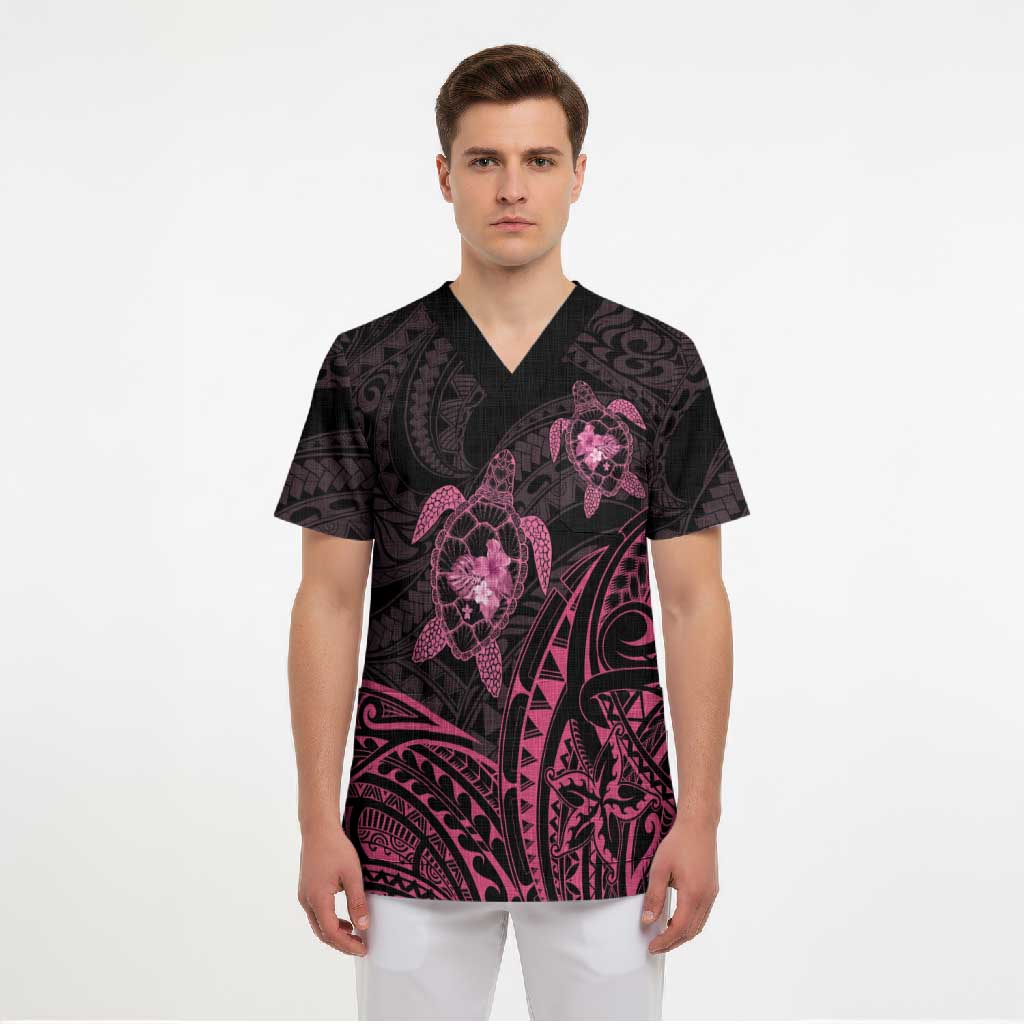 Pink Black Polynesia Floral Sea Turtle Scrub Top - Polynesian Pride