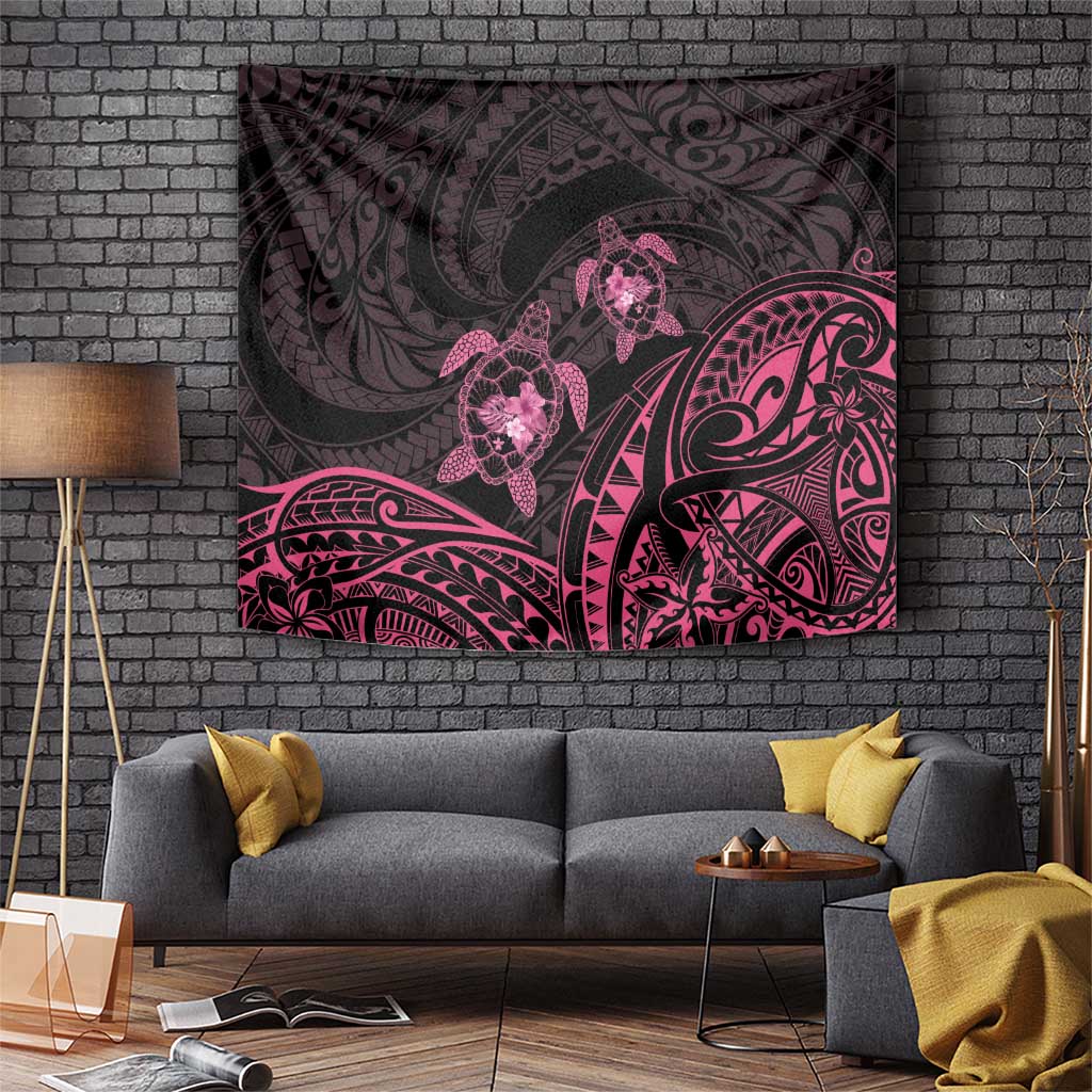 Pink Black Polynesia Floral Sea Turtle Tapestry - Polynesian Pride