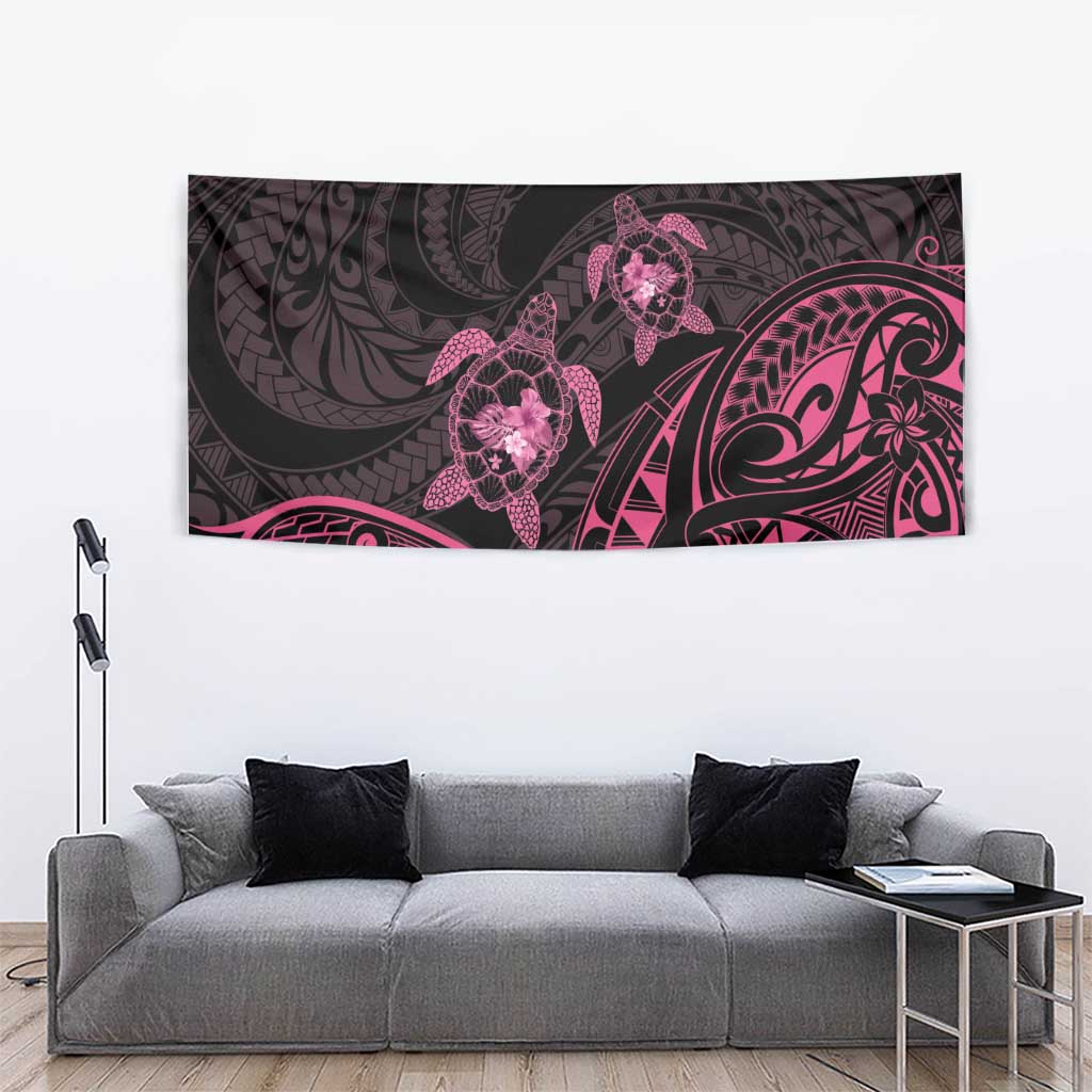 Pink Black Polynesia Floral Sea Turtle Tapestry - Polynesian Pride