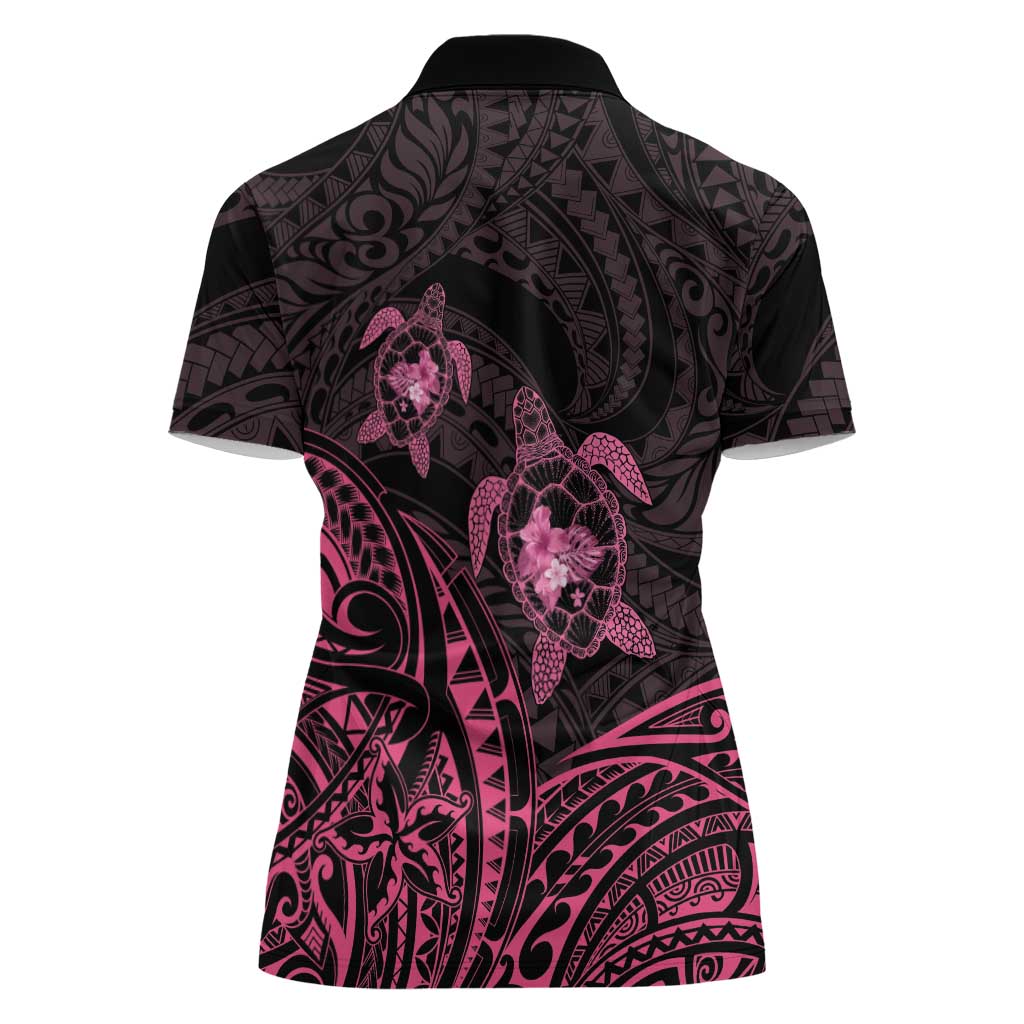 Pink Black Polynesia Floral Sea Turtle Women Polo Shirt - Polynesian Pride