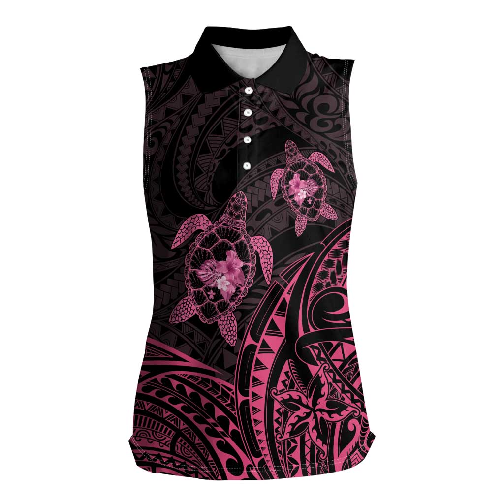 Pink Black Polynesia Floral Sea Turtle Women Sleeveless Polo Shirt - Polynesian Pride