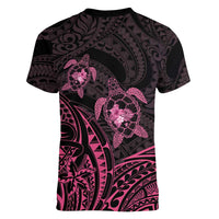 Pink Black Polynesia Floral Sea Turtle Women V-Neck T-Shirt - Polynesian Pride