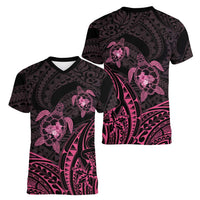 Pink Black Polynesia Floral Sea Turtle Women V-Neck T-Shirt - Polynesian Pride