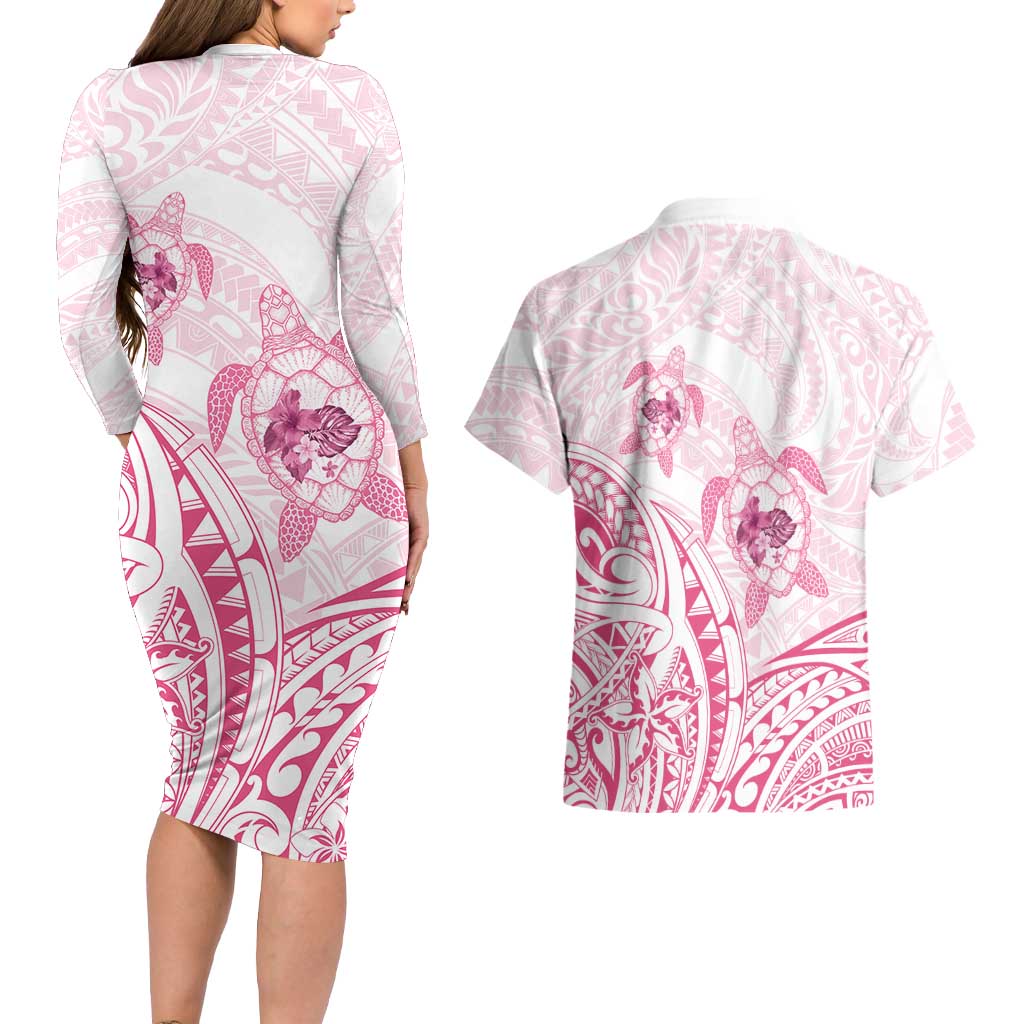 Pink White Polynesia Floral Sea Turtle Couples Matching Long Sleeve Bodycon Dress and Hawaiian Shirt - Polynesian Pride