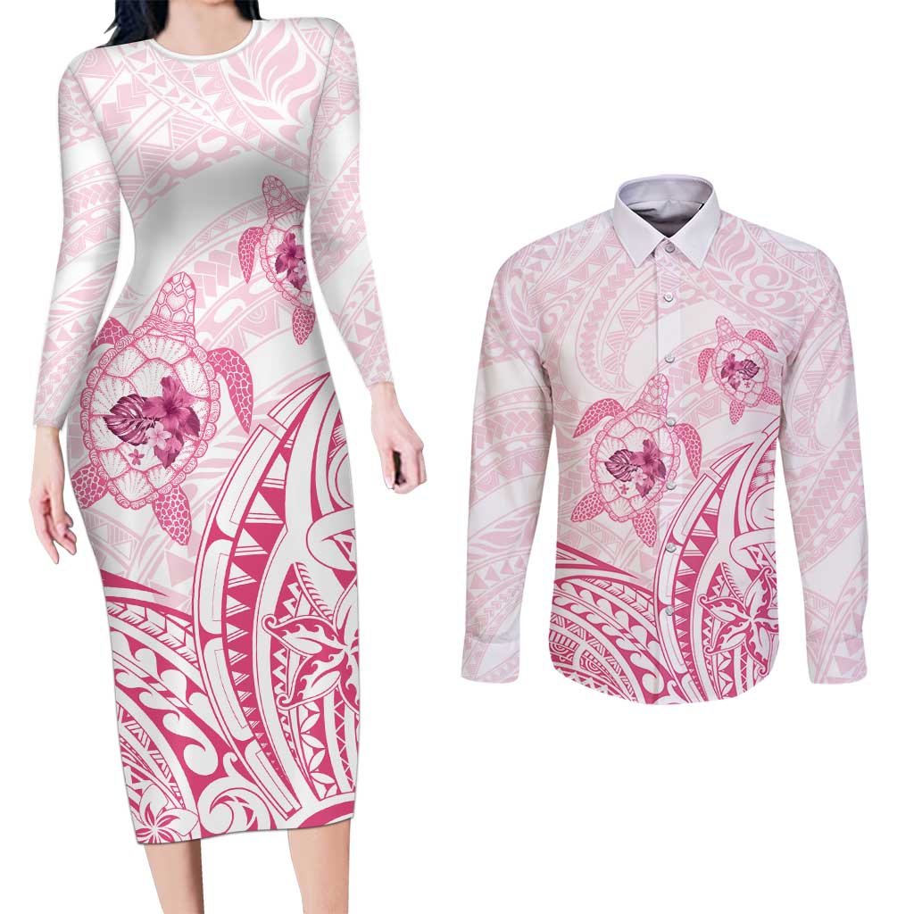 Pink White Polynesia Floral Sea Turtle Couples Matching Long Sleeve Bodycon Dress and Long Sleeve Button Shirt LT14 White - Polynesian Pride