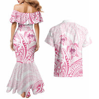 Pink White Polynesia Floral Sea Turtle Couples Matching Mermaid Dress and Hawaiian Shirt - Polynesian Pride