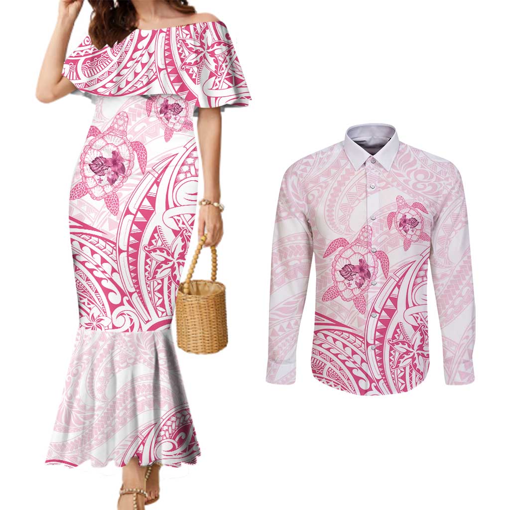 Pink White Polynesia Floral Sea Turtle Couples Matching Mermaid Dress and Long Sleeve Button Shirt LT14 White - Polynesian Pride