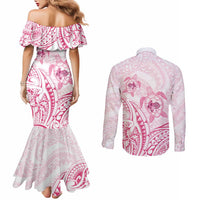 Pink White Polynesia Floral Sea Turtle Couples Matching Mermaid Dress and Long Sleeve Button Shirt - Polynesian Pride