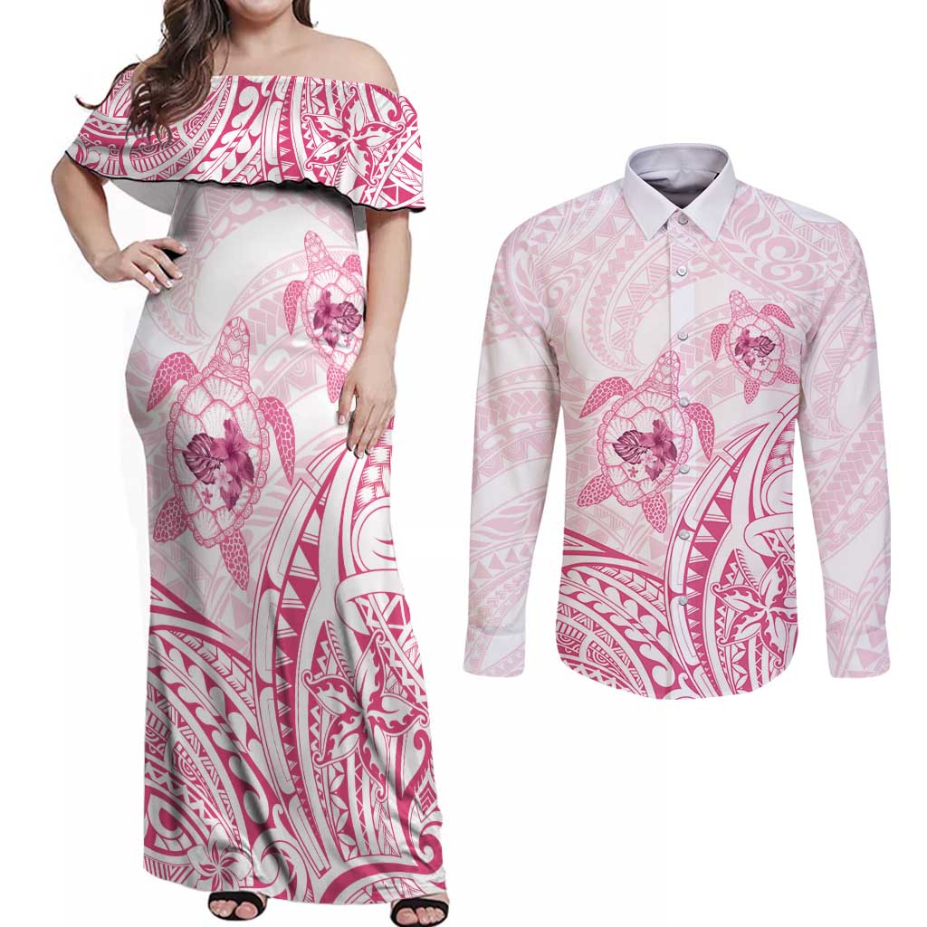 Pink White Polynesia Floral Sea Turtle Couples Matching Off Shoulder Maxi Dress and Long Sleeve Button Shirt - Polynesian Pride
