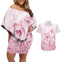 Pink White Polynesia Floral Sea Turtle Couples Matching Off Shoulder Short Dress and Hawaiian Shirt LT14 White - Polynesian Pride