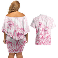 Pink White Polynesia Floral Sea Turtle Couples Matching Off Shoulder Short Dress and Hawaiian Shirt LT14 - Polynesian Pride