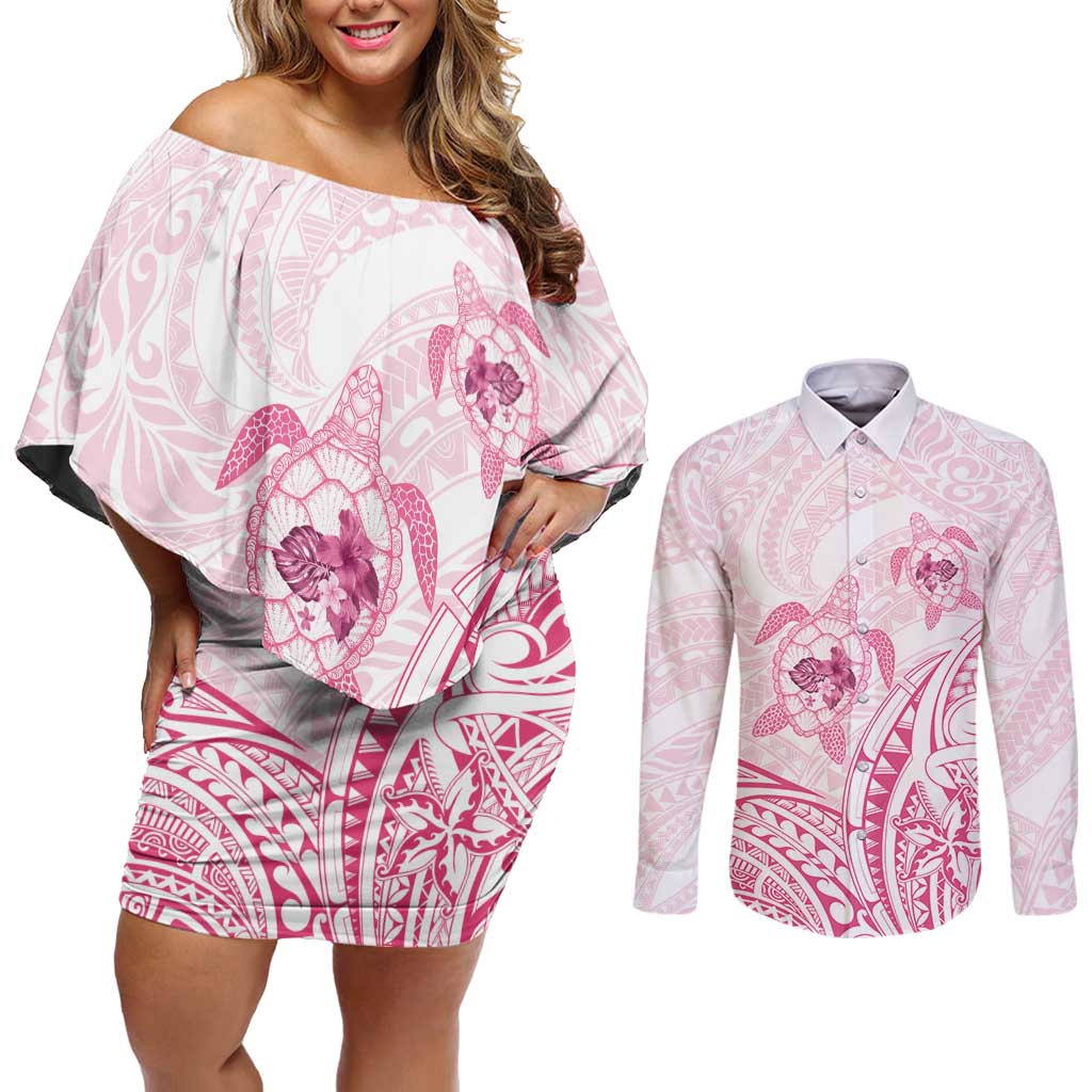 Pink White Polynesia Floral Sea Turtle Couples Matching Off Shoulder Short Dress and Long Sleeve Button Shirt LT14 White - Polynesian Pride