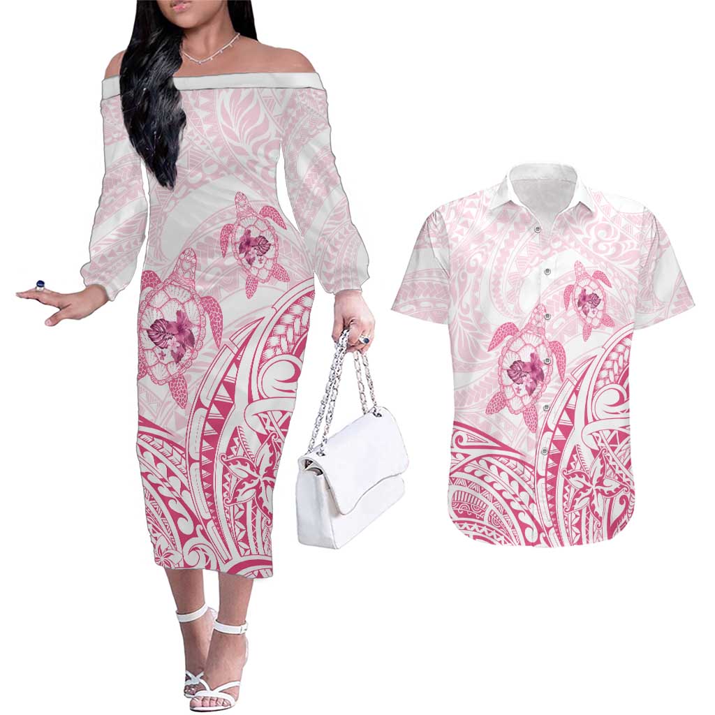 Pink White Polynesia Floral Sea Turtle Couples Matching Off The Shoulder Long Sleeve Dress and Hawaiian Shirt - Polynesian Pride