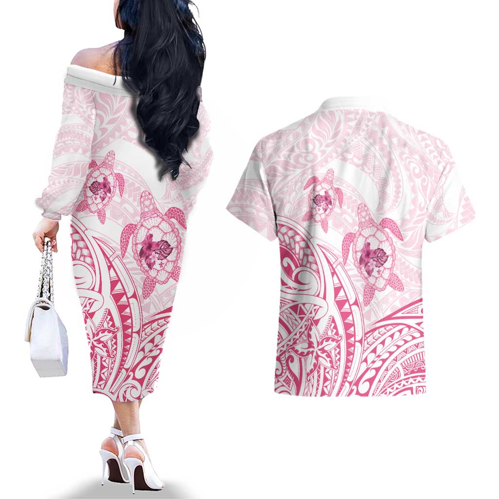 Pink White Polynesia Floral Sea Turtle Couples Matching Off The Shoulder Long Sleeve Dress and Hawaiian Shirt - Polynesian Pride