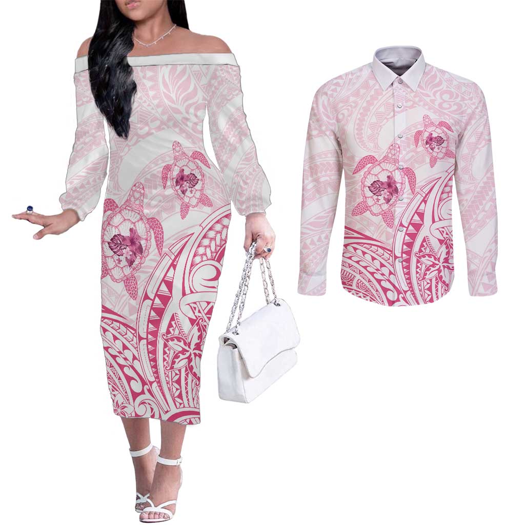 Pink White Polynesia Floral Sea Turtle Couples Matching Off The Shoulder Long Sleeve Dress and Long Sleeve Button Shirt LT14 White - Polynesian Pride