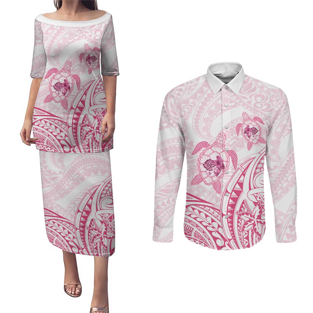 Pink White Polynesia Floral Sea Turtle Couples Matching Puletasi and Long Sleeve Button Shirt LT14 White - Polynesian Pride