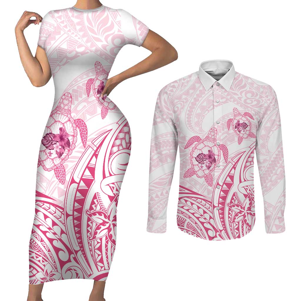 Pink White Polynesia Floral Sea Turtle Couples Matching Short Sleeve Bodycon Dress and Long Sleeve Button Shirt LT14 White - Polynesian Pride