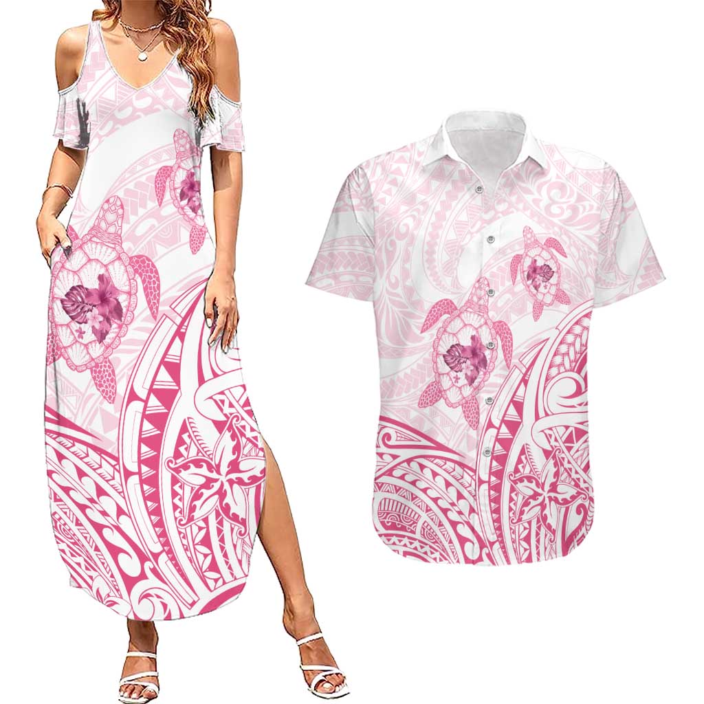 Pink White Polynesia Floral Sea Turtle Couples Matching Summer Maxi Dress and Hawaiian Shirt - Polynesian Pride