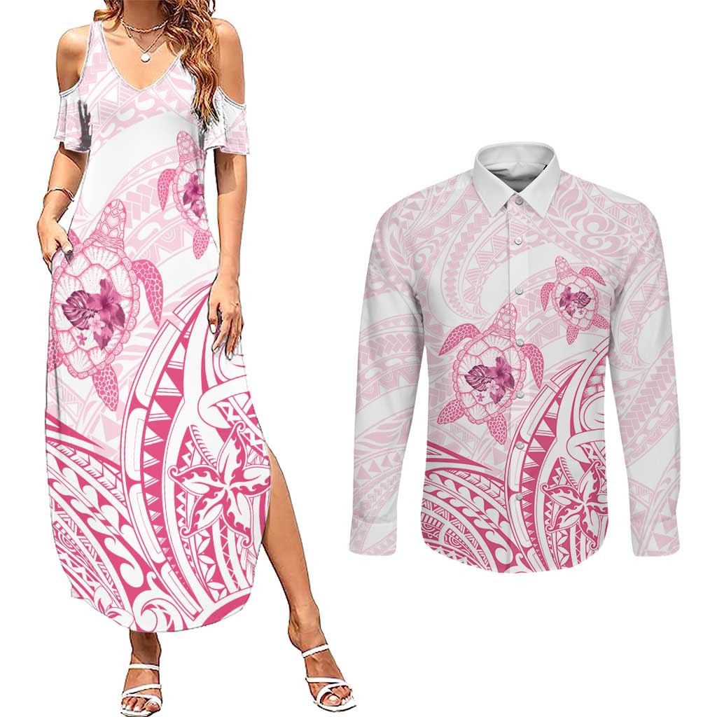 Pink White Polynesia Floral Sea Turtle Couples Matching Summer Maxi Dress and Long Sleeve Button Shirt LT14 White - Polynesian Pride