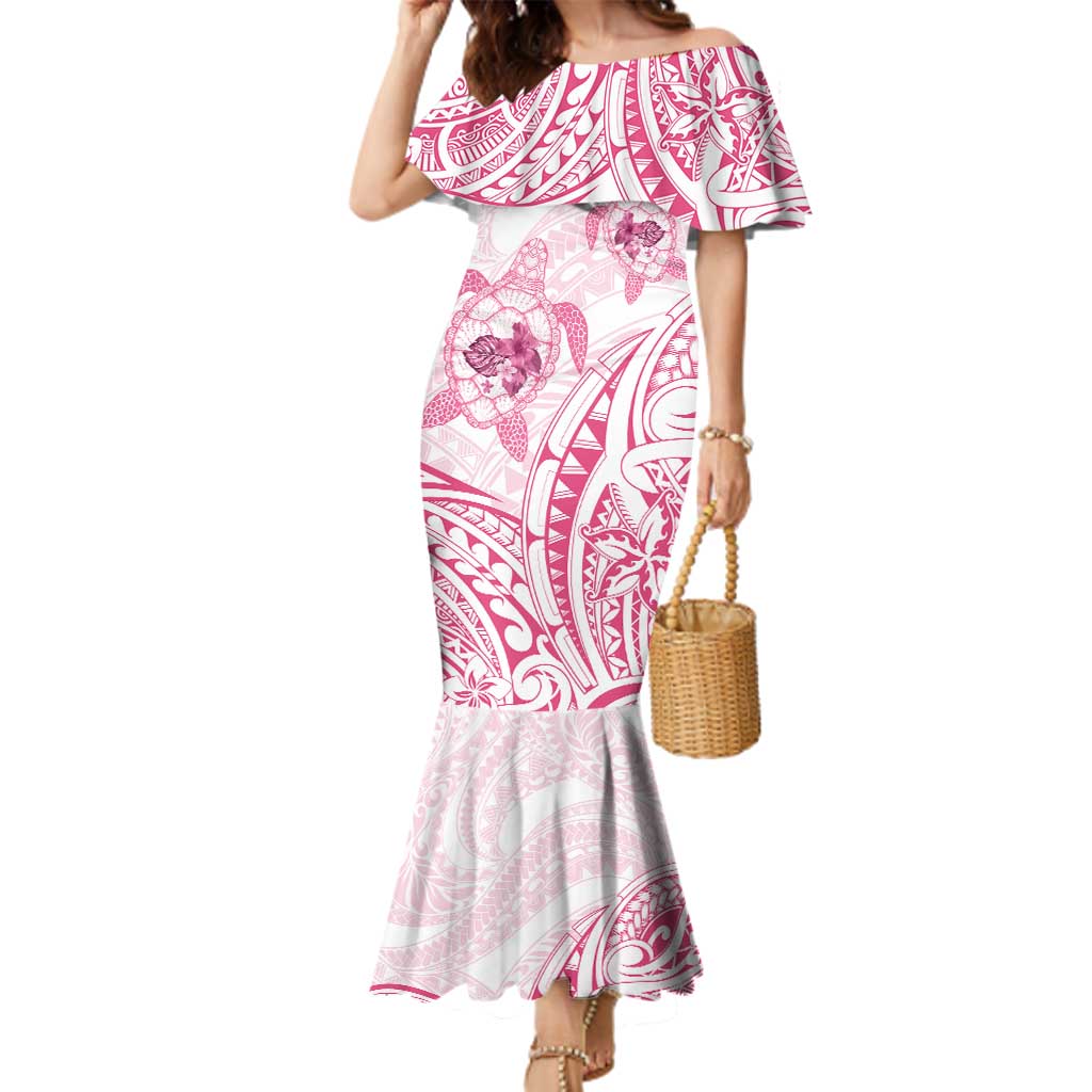 Pink White Polynesia Floral Sea Turtle Family Matching Mermaid Dress and Hawaiian Shirt LT14 Mom's Dress White - Polynesian Pride