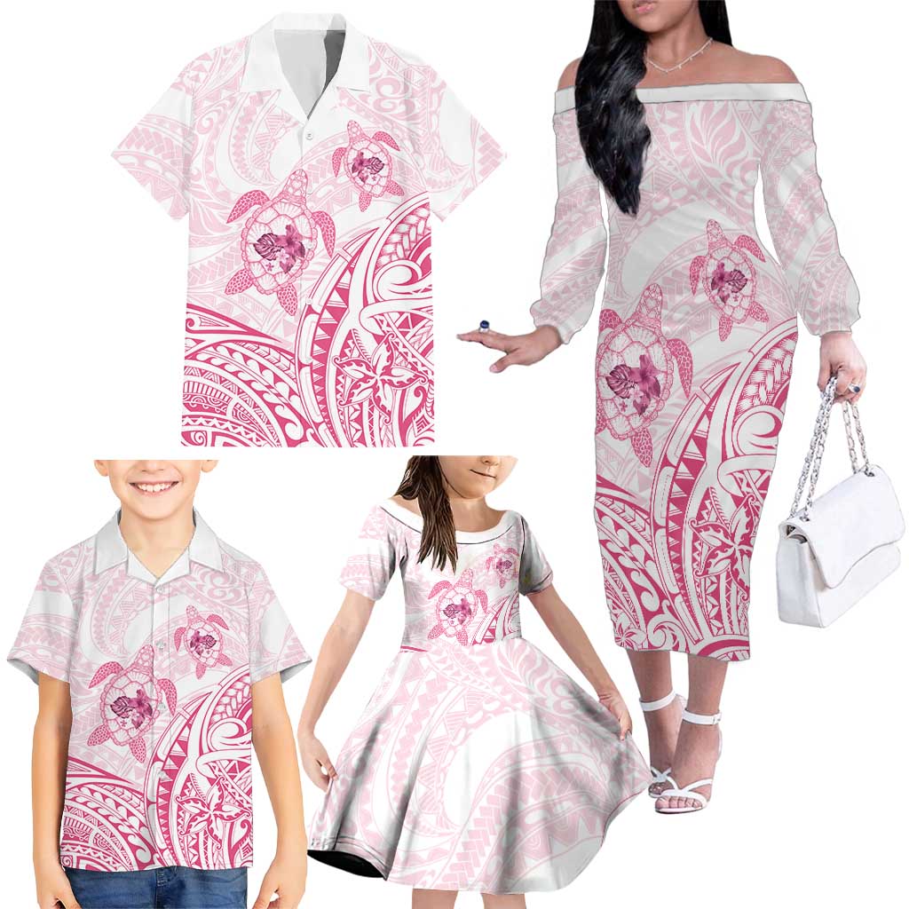 Pink White Polynesia Floral Sea Turtle Family Matching Off The Shoulder Long Sleeve Dress and Hawaiian Shirt LT14 - Polynesian Pride