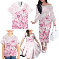 Pink White Polynesia Floral Sea Turtle Family Matching Off The Shoulder Long Sleeve Dress and Hawaiian Shirt LT14 - Polynesian Pride