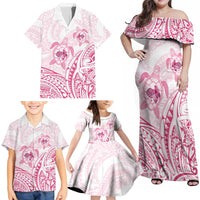 Pink White Polynesia Floral Sea Turtle Family Matching Off Shoulder Maxi Dress and Hawaiian Shirt LT14 - Polynesian Pride