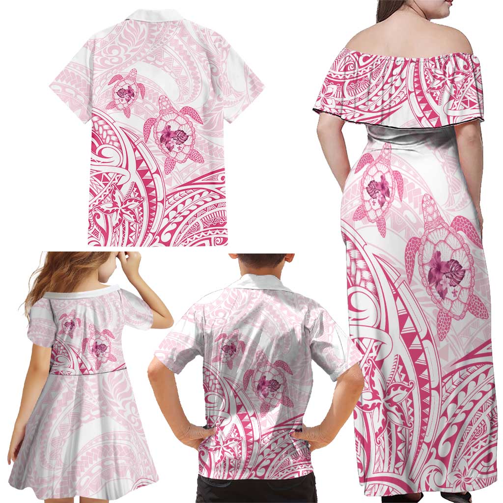 Pink White Polynesia Floral Sea Turtle Family Matching Off Shoulder Maxi Dress and Hawaiian Shirt LT14 - Polynesian Pride