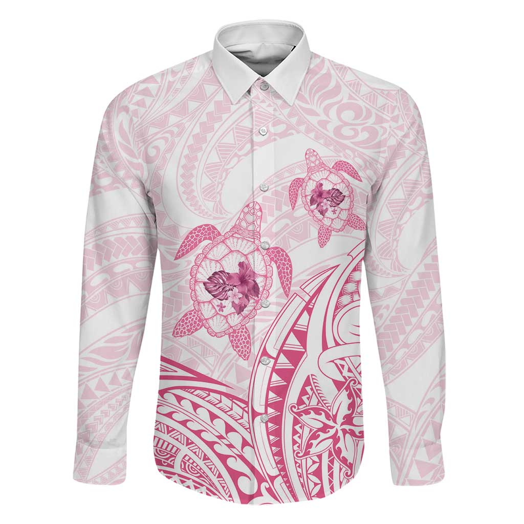 Pink White Polynesia Floral Sea Turtle Family Matching Off Shoulder Maxi Dress and Hawaiian Shirt LT14 Dad's Shirt - Long Sleeve White - Polynesian Pride