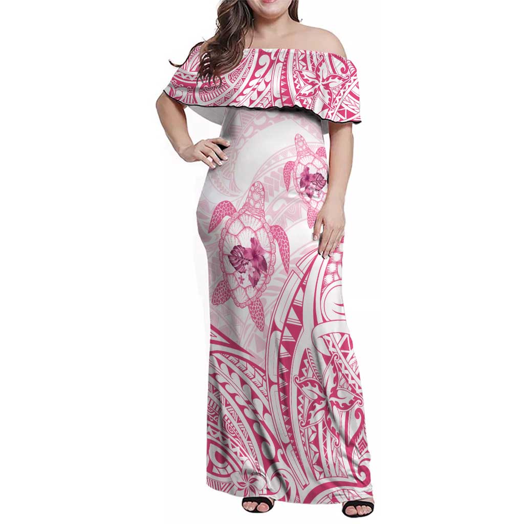 Pink White Polynesia Floral Sea Turtle Family Matching Off Shoulder Maxi Dress and Hawaiian Shirt LT14 Mom's Dress White - Polynesian Pride