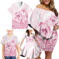 Pink White Polynesia Floral Sea Turtle Family Matching Off Shoulder Short Dress and Hawaiian Shirt LT14 - Polynesian Pride