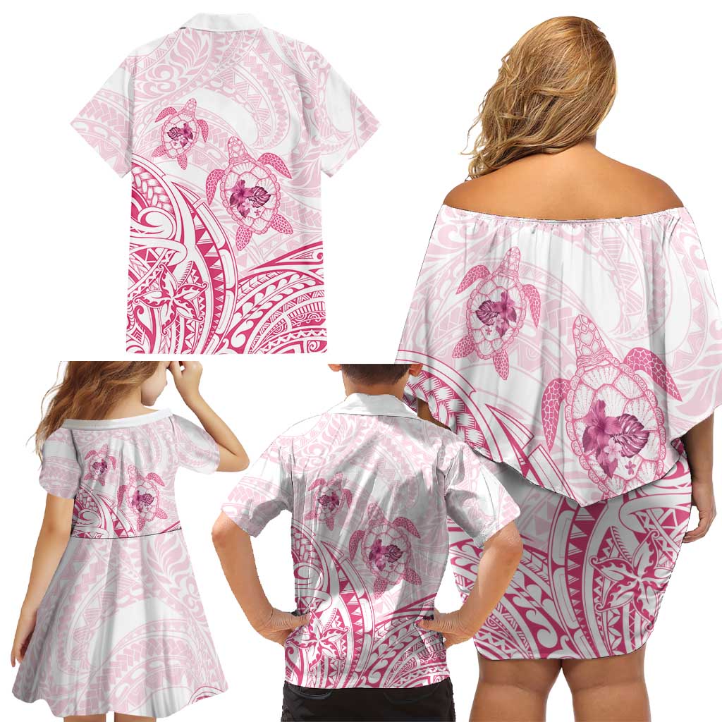 Pink White Polynesia Floral Sea Turtle Family Matching Off Shoulder Short Dress and Hawaiian Shirt LT14 - Polynesian Pride