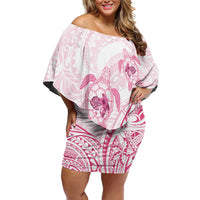 Pink White Polynesia Floral Sea Turtle Family Matching Off Shoulder Short Dress and Hawaiian Shirt LT14 Mom's Dress White - Polynesian Pride