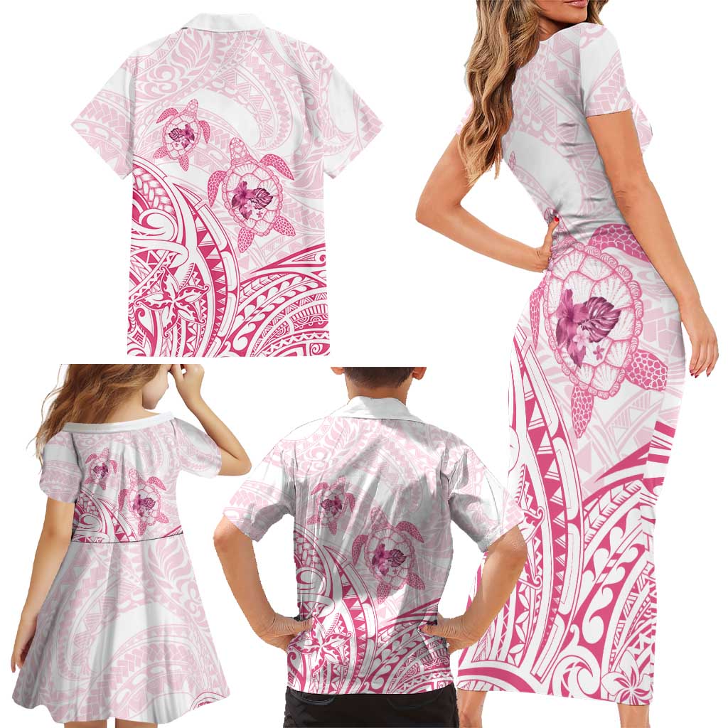 Pink White Polynesia Floral Sea Turtle Family Matching Short Sleeve Bodycon Dress and Hawaiian Shirt LT14 - Polynesian Pride