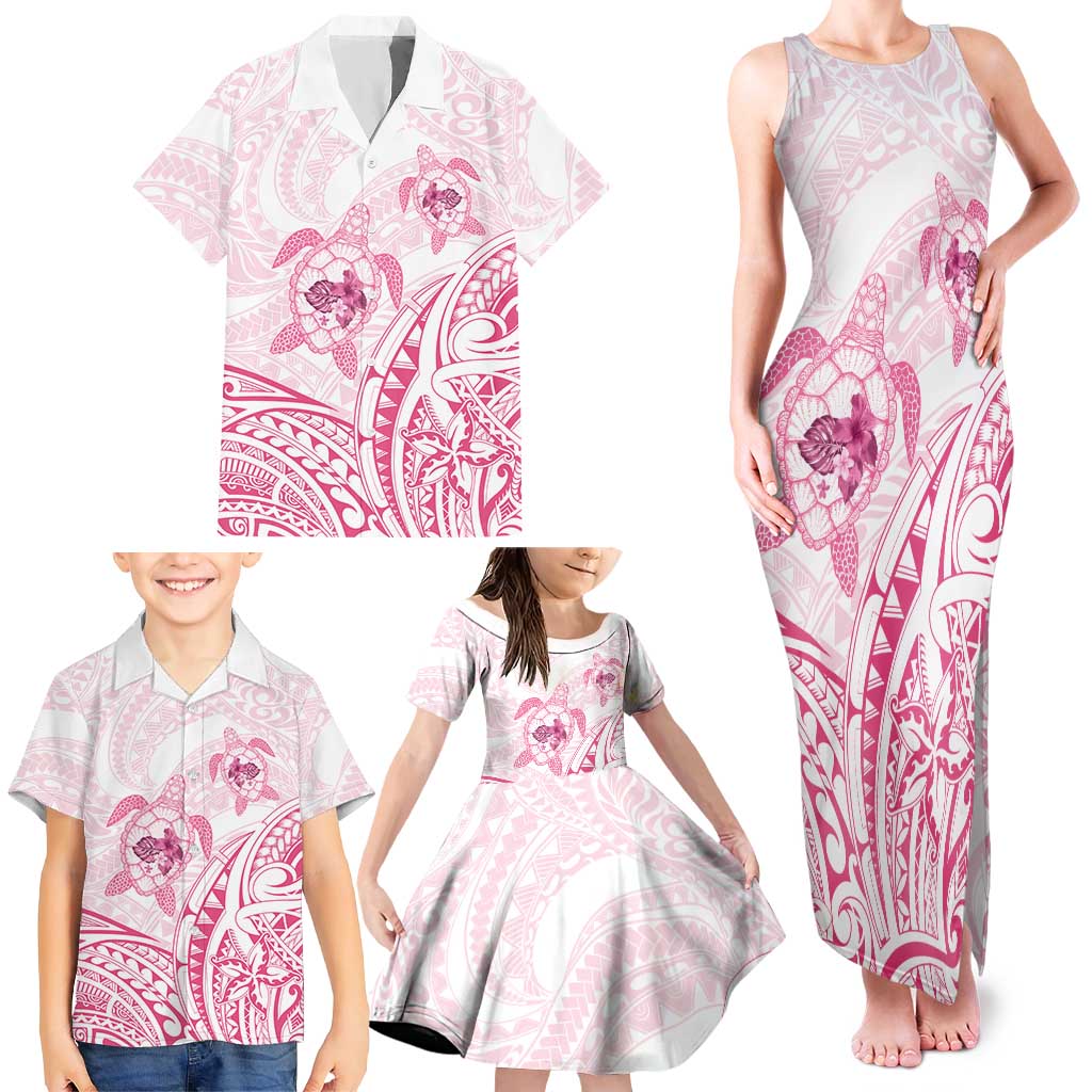 Pink White Polynesia Floral Sea Turtle Family Matching Tank Maxi Dress and Hawaiian Shirt LT14 - Polynesian Pride