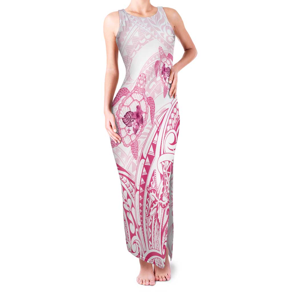 Pink White Polynesia Floral Sea Turtle Family Matching Tank Maxi Dress and Hawaiian Shirt LT14 Mom's Dress White - Polynesian Pride