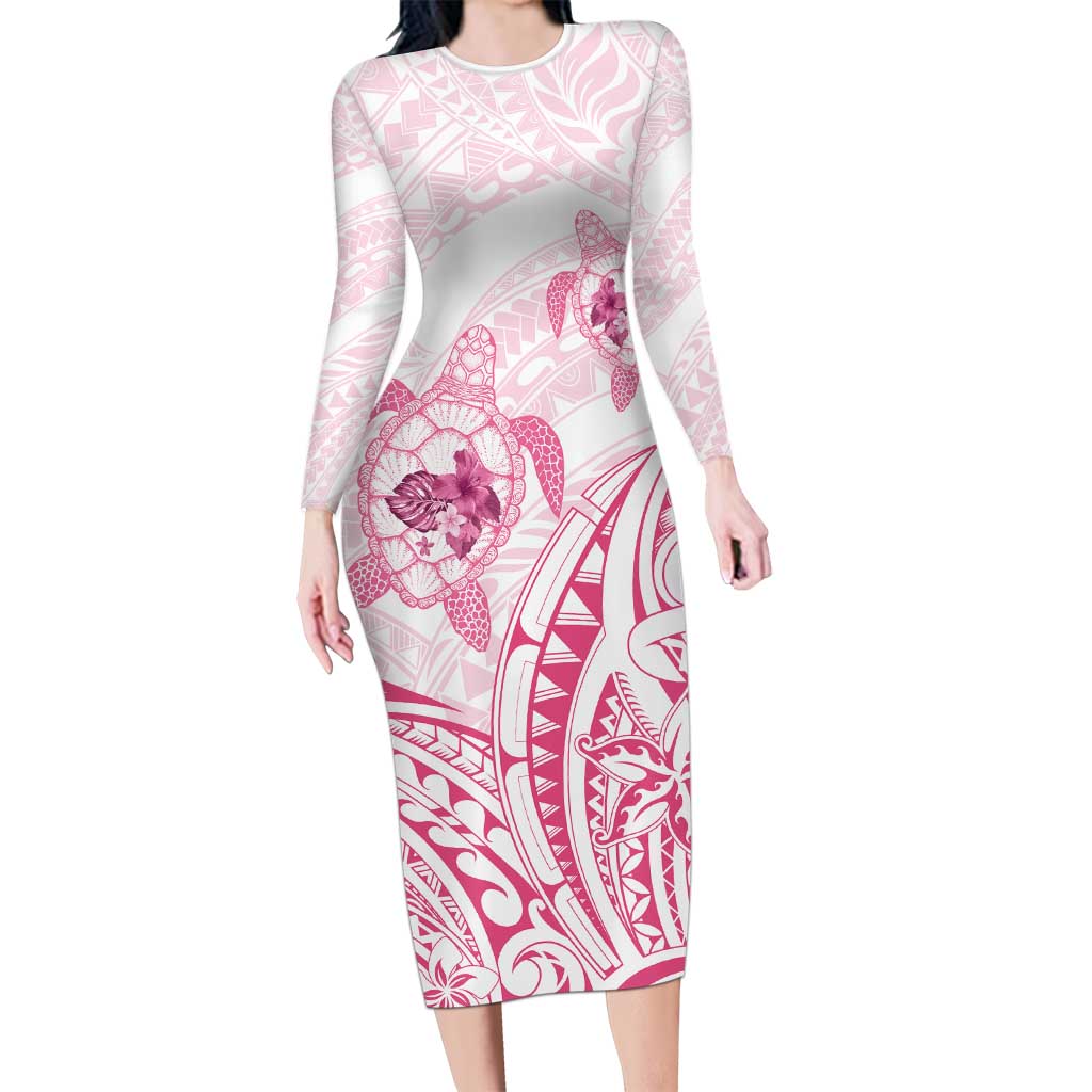 Pink White Polynesia Floral Sea Turtle Long Sleeve Bodycon Dress - Polynesian Pride