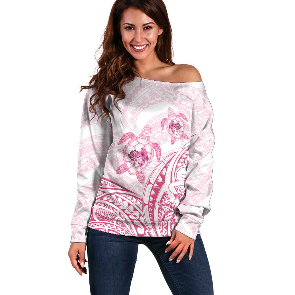 Pink White Polynesia Floral Sea Turtle Off Shoulder Sweater - Polynesian Pride