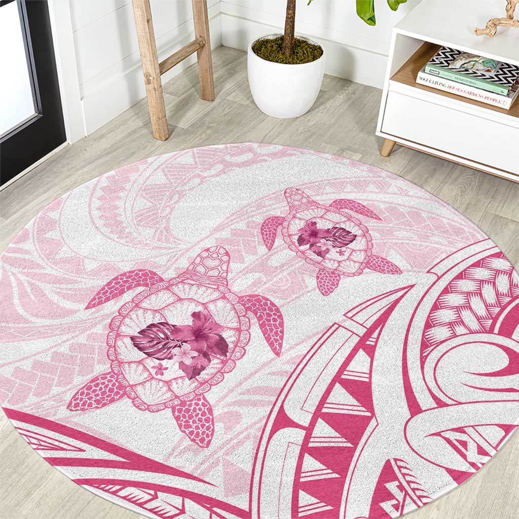 Pink White Polynesia Floral Sea Turtle Round Carpet - Polynesian Pride