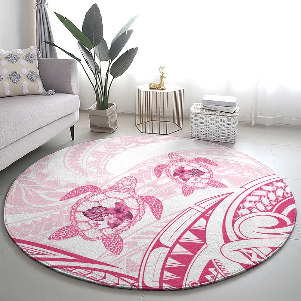Pink White Polynesia Floral Sea Turtle Round Carpet - Polynesian Pride
