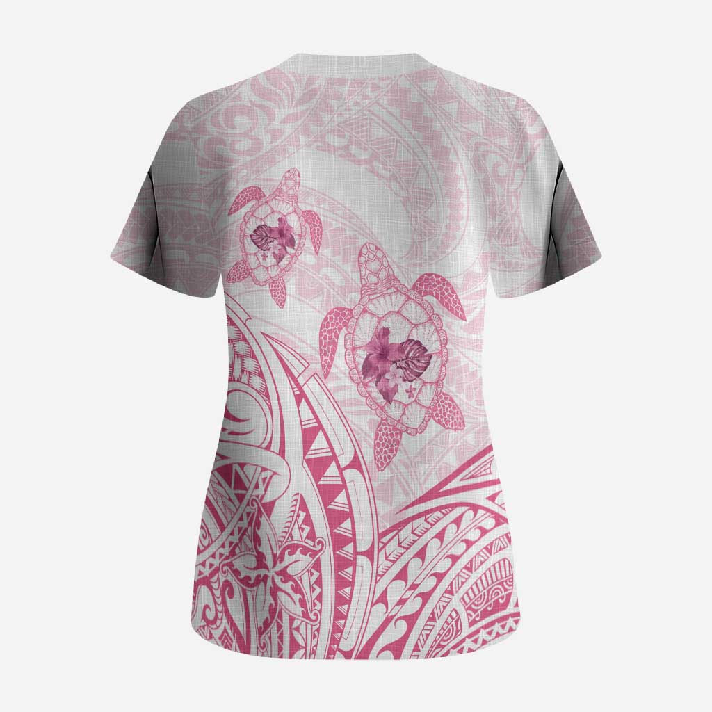 Pink White Polynesia Floral Sea Turtle Scrub Top - Polynesian Pride