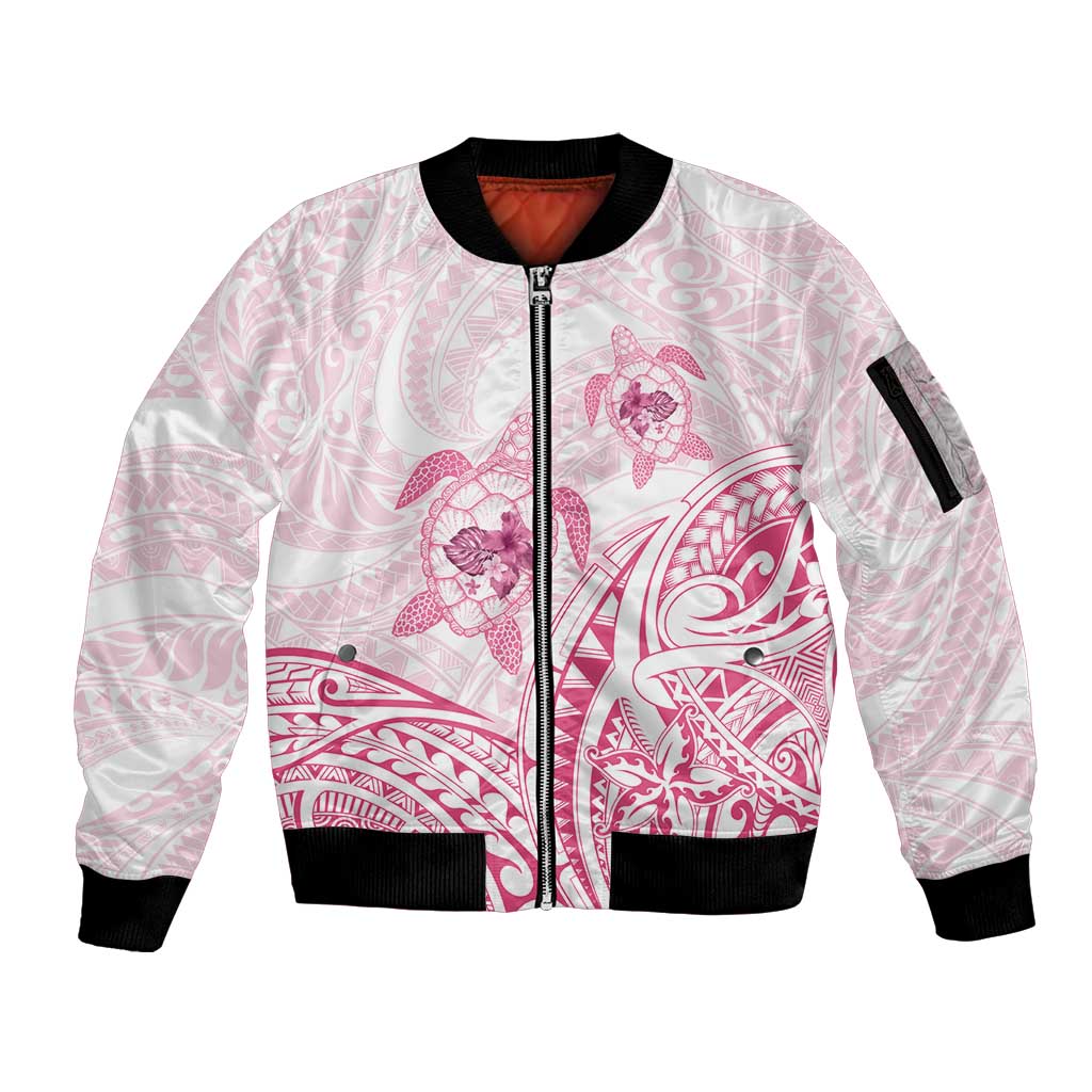 Pink White Polynesia Floral Sea Turtle Sleeve Zip Bomber Jacket - Polynesian Pride