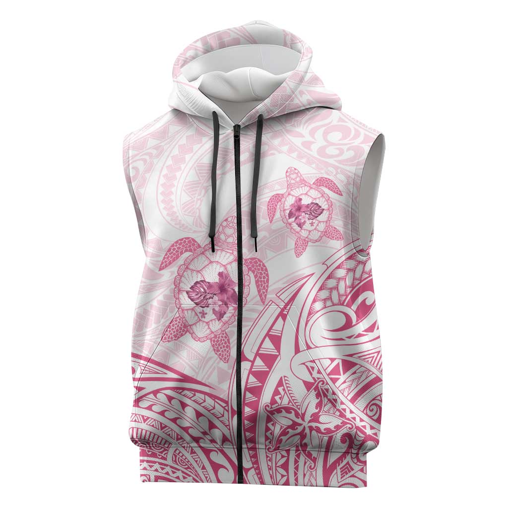 Pink White Polynesia Floral Sea Turtle Sleeveless Zip Hoodie - Polynesian Pride
