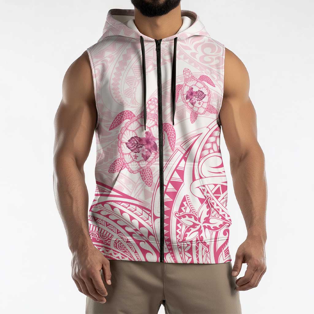Pink White Polynesia Floral Sea Turtle Sleeveless Zip Hoodie - Polynesian Pride