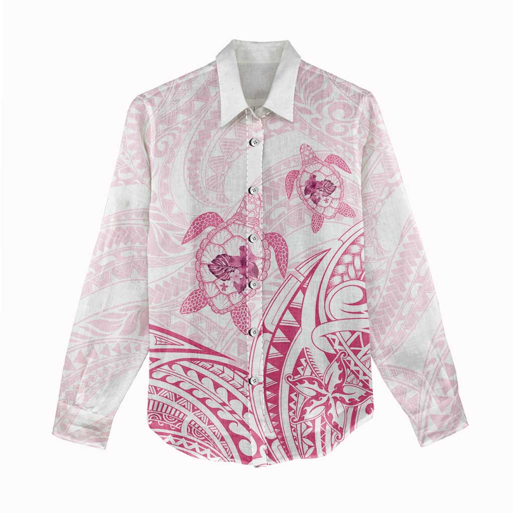 Pink White Polynesia Floral Sea Turtle Women Casual Shirt LT14 - Polynesian Pride