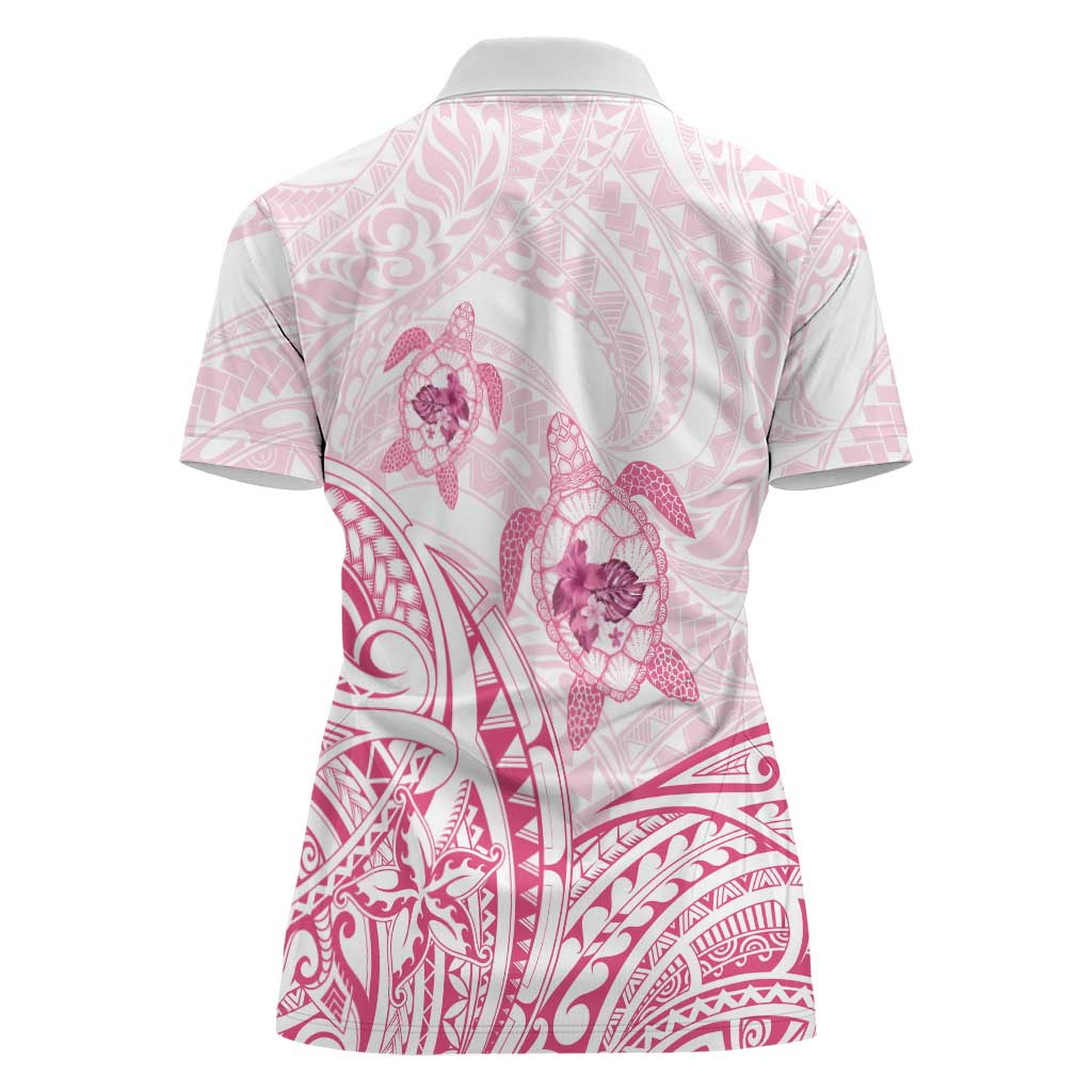 Pink White Polynesia Floral Sea Turtle Women Polo Shirt - Polynesian Pride