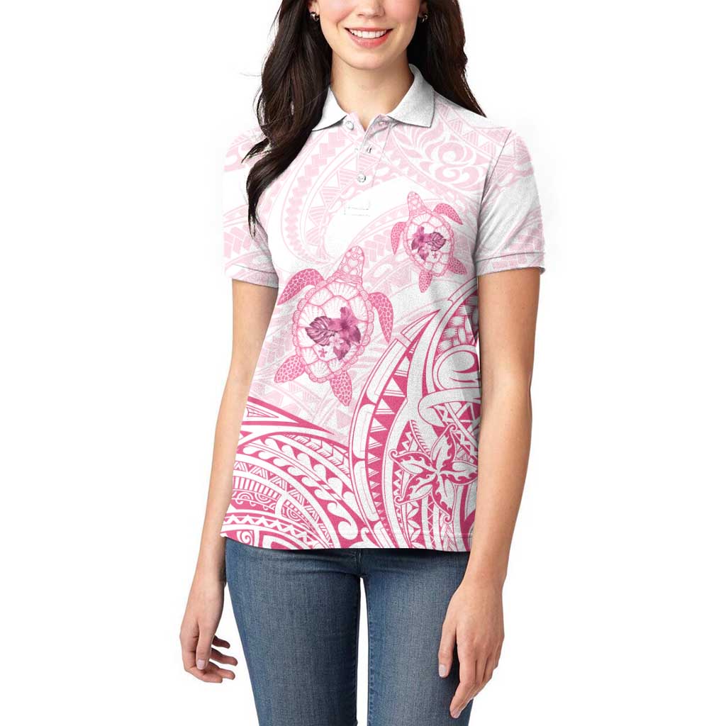 Pink White Polynesia Floral Sea Turtle Women Polo Shirt - Polynesian Pride